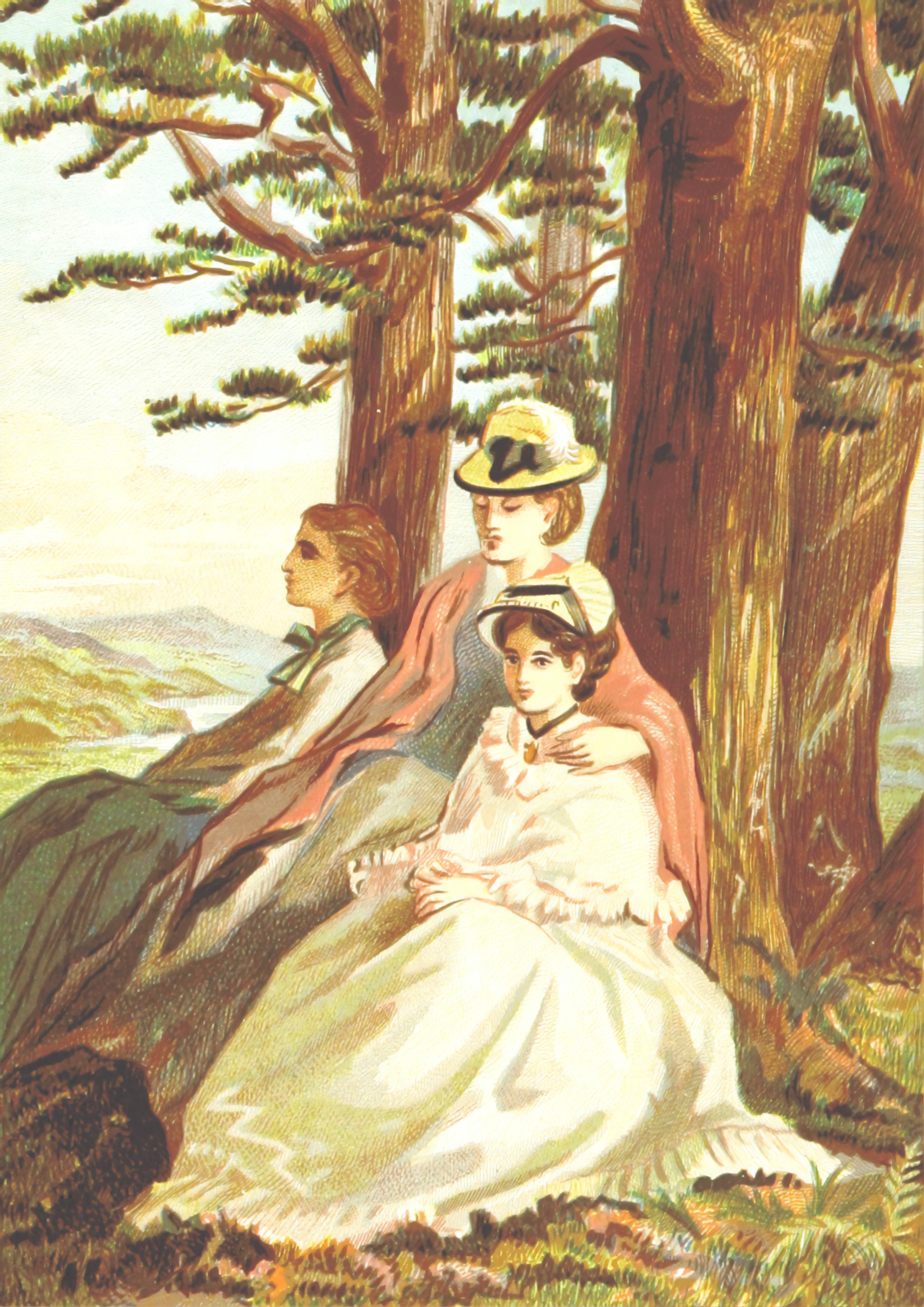 a painting of three ladies sitting by a lake