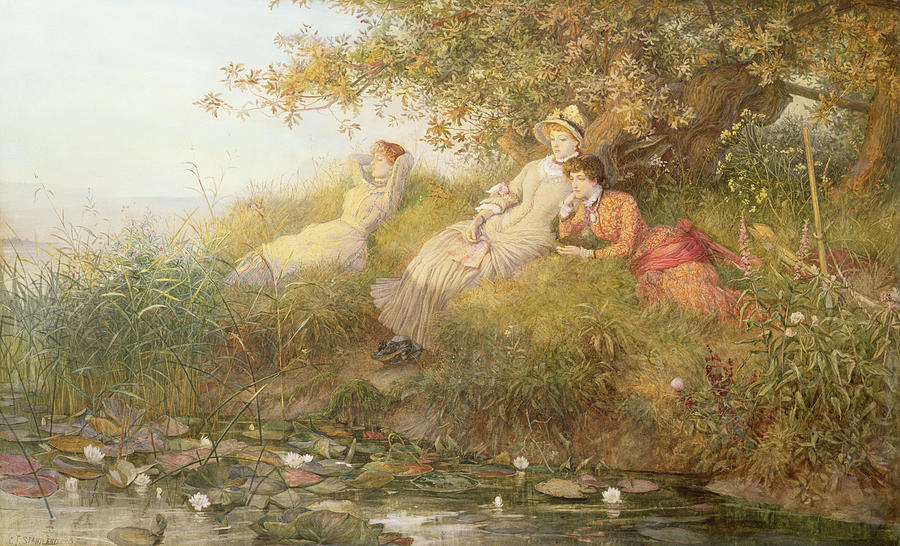 a painting of three women sitting by a lake